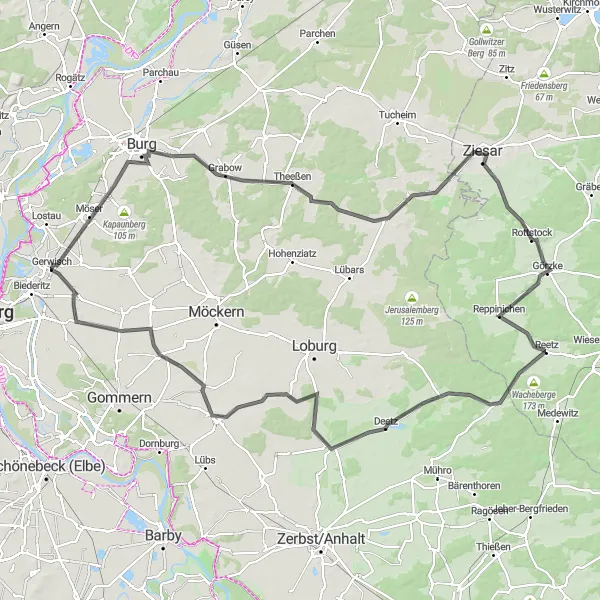 Map miniature of "Scenic Route along the Havel River" cycling inspiration in Sachsen-Anhalt, Germany. Generated by Tarmacs.app cycling route planner