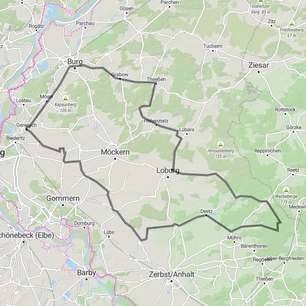 Map miniature of "The Historical Route" cycling inspiration in Sachsen-Anhalt, Germany. Generated by Tarmacs.app cycling route planner