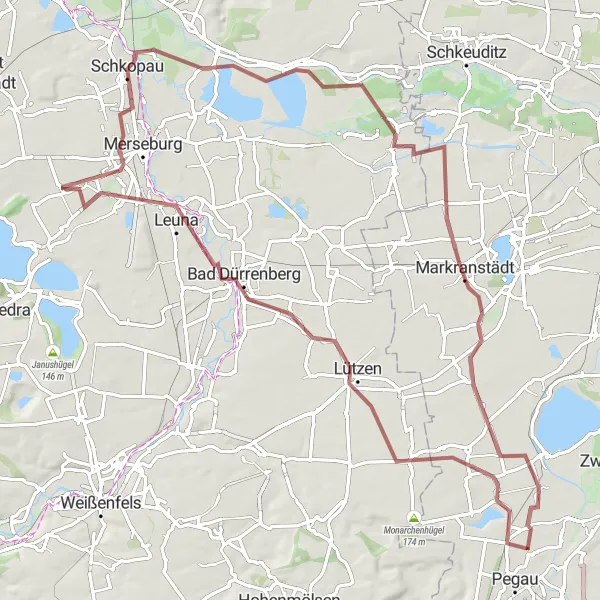 Map miniature of "Bad Dürrenberg to Schkopau Gravel Route" cycling inspiration in Sachsen-Anhalt, Germany. Generated by Tarmacs.app cycling route planner