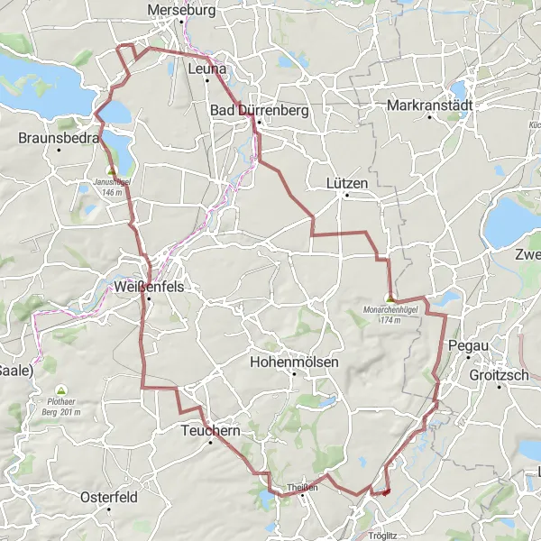 Map miniature of "Leuna to Beuna (Geiseltal) Gravel Route" cycling inspiration in Sachsen-Anhalt, Germany. Generated by Tarmacs.app cycling route planner