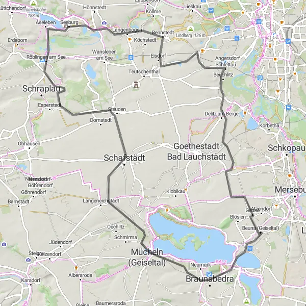 Map miniature of "Geusa to Mücheln (Geiseltal) Loop" cycling inspiration in Sachsen-Anhalt, Germany. Generated by Tarmacs.app cycling route planner