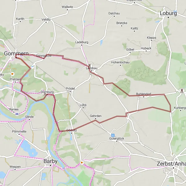 Map miniature of "Scenic Ride through Pretzien" cycling inspiration in Sachsen-Anhalt, Germany. Generated by Tarmacs.app cycling route planner