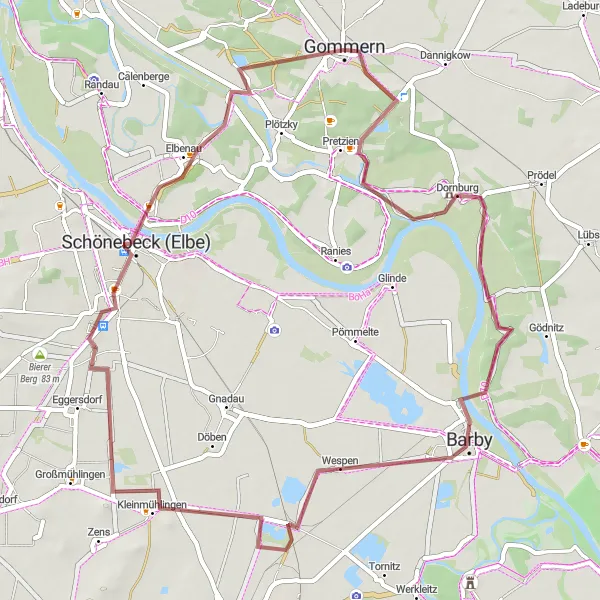 Map miniature of "Gommern Pretzien Gravel Loop" cycling inspiration in Sachsen-Anhalt, Germany. Generated by Tarmacs.app cycling route planner