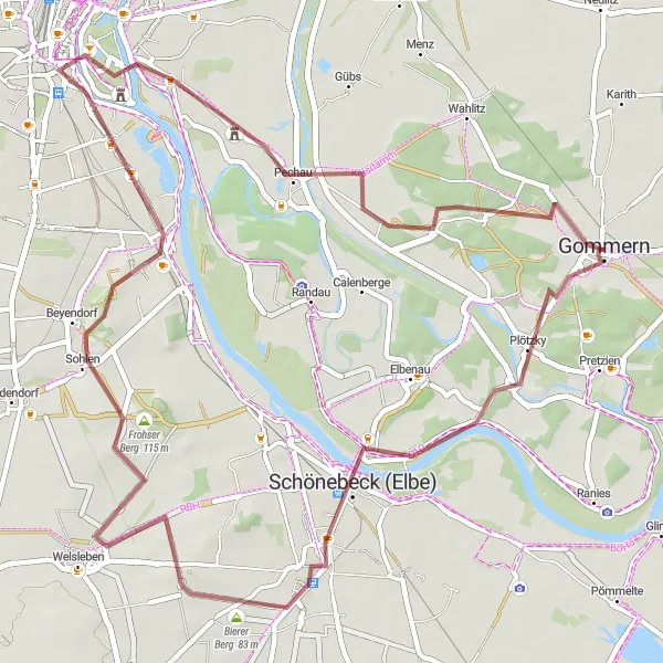 Map miniature of "Gommern Schönebeck Gravel Loop" cycling inspiration in Sachsen-Anhalt, Germany. Generated by Tarmacs.app cycling route planner
