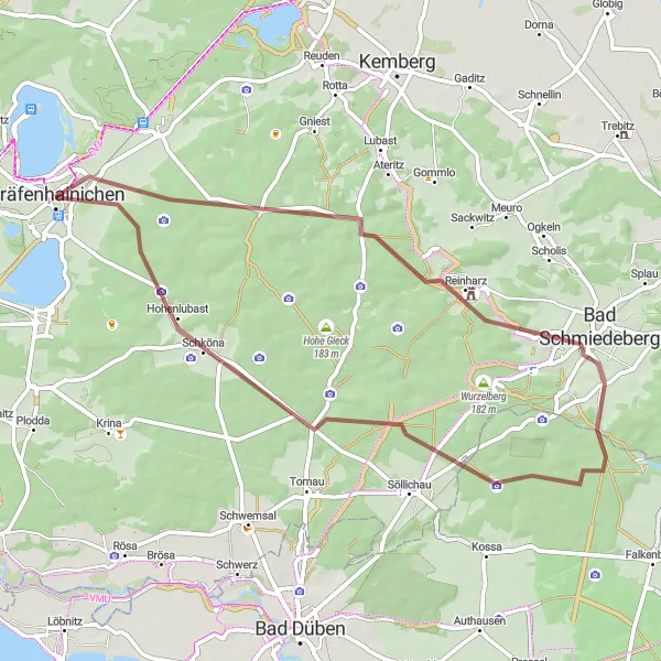 Map miniature of "Gräfenhainichen Gravel Adventure" cycling inspiration in Sachsen-Anhalt, Germany. Generated by Tarmacs.app cycling route planner