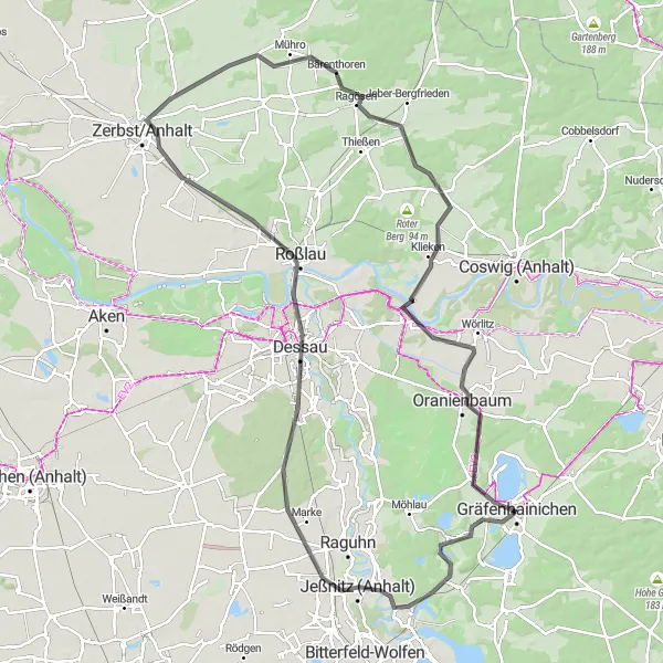 Map miniature of "Gräfenhainichen Round-Trip Cycling Route" cycling inspiration in Sachsen-Anhalt, Germany. Generated by Tarmacs.app cycling route planner