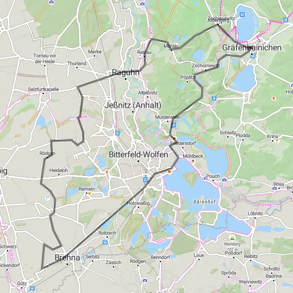 Karten-Miniaturansicht der Radinspiration "Rundtour durch die Muldeaue von Gräfenhainichen" in Sachsen-Anhalt, Germany. Erstellt vom Tarmacs.app-Routenplaner für Radtouren