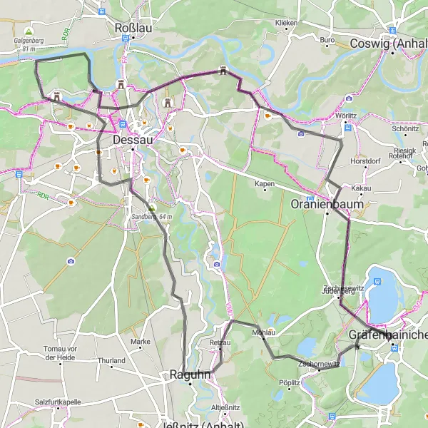 Karten-Miniaturansicht der Radinspiration "Kultur- und Naturerlebnis um Gräfenhainichen" in Sachsen-Anhalt, Germany. Erstellt vom Tarmacs.app-Routenplaner für Radtouren