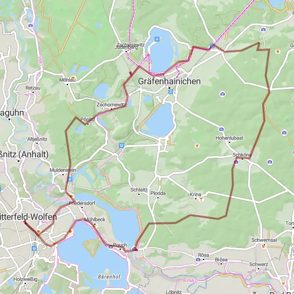 Map miniature of "Muldensteiner Berg Gravel Adventure" cycling inspiration in Sachsen-Anhalt, Germany. Generated by Tarmacs.app cycling route planner