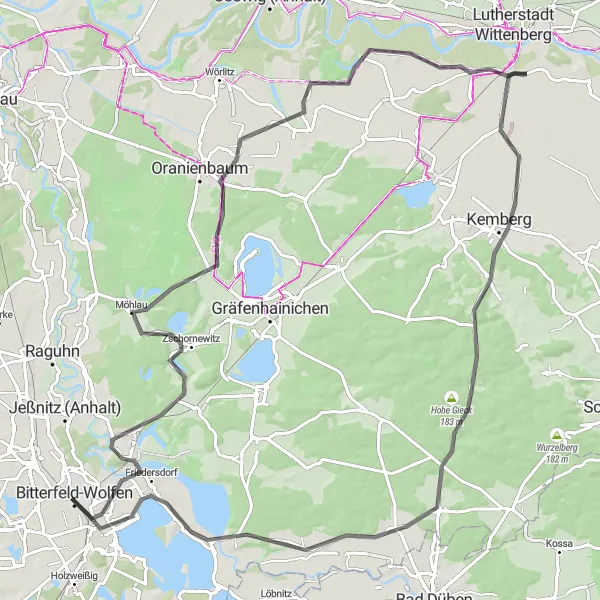 Map miniature of "The Bitterfeld Challenge" cycling inspiration in Sachsen-Anhalt, Germany. Generated by Tarmacs.app cycling route planner