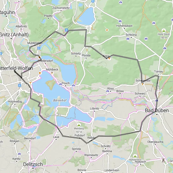 Map miniature of "Muldensteiner Berg Road Adventure" cycling inspiration in Sachsen-Anhalt, Germany. Generated by Tarmacs.app cycling route planner