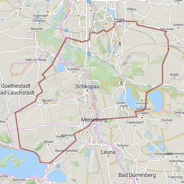 Map miniature of "Hirschhügel to Benndorf Gravel Cycling Route" cycling inspiration in Sachsen-Anhalt, Germany. Generated by Tarmacs.app cycling route planner