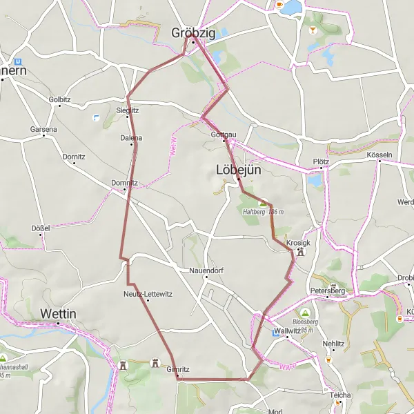 Map miniature of "Gröbzig - Haltberg - Lerchenhügel - Gimritz - Sieglitz - Gröbzig" cycling inspiration in Sachsen-Anhalt, Germany. Generated by Tarmacs.app cycling route planner