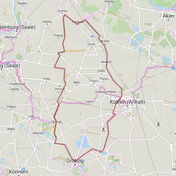 Map miniature of "Gröbzig - Mühlberg - Zuchau - Drosa - Edderitz - Gröbzig" cycling inspiration in Sachsen-Anhalt, Germany. Generated by Tarmacs.app cycling route planner