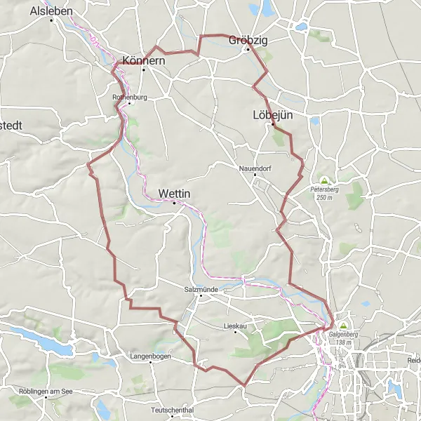 Map miniature of "Gröbzig - Haltberg - Reilsberg - Burg Giebichenstein - Oberburg - Bennstedt - Friedeburg (Saale) - Saale Durchbruchstal - Burg Gröbzig" cycling inspiration in Sachsen-Anhalt, Germany. Generated by Tarmacs.app cycling route planner