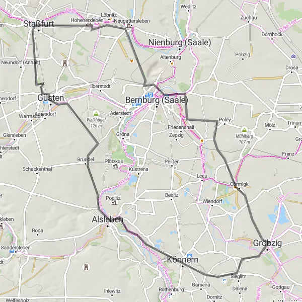 Map miniature of "Gröbzig - Könnern - Radeberg - Güsten - Staßfurt - Eulenspiegelturm - Gröbzig" cycling inspiration in Sachsen-Anhalt, Germany. Generated by Tarmacs.app cycling route planner