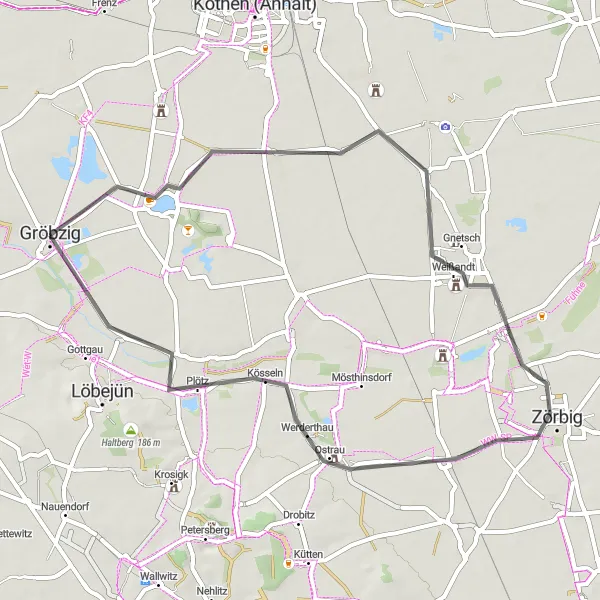 Map miniature of "Gröbzig - Edderitz - Weißandt - Zörbig - Katzenberg - Wieskau - Gröbzig" cycling inspiration in Sachsen-Anhalt, Germany. Generated by Tarmacs.app cycling route planner