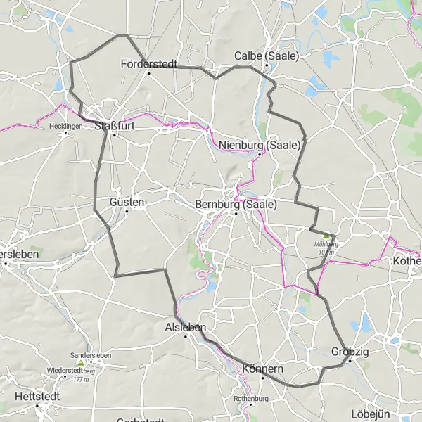 Map miniature of "Könnern - Radeberg - Schackenthal - Neundorf (Anhalt) - Rodelberg - Förderstedt - Wedlitz - Mühlberg - Cörmigk" cycling inspiration in Sachsen-Anhalt, Germany. Generated by Tarmacs.app cycling route planner