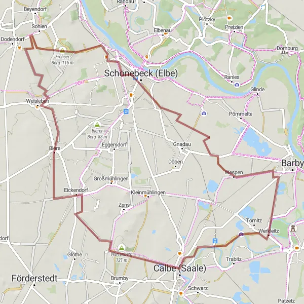 Map miniature of "Scenic Gravel Adventure in Sachsen-Anhalt" cycling inspiration in Sachsen-Anhalt, Germany. Generated by Tarmacs.app cycling route planner