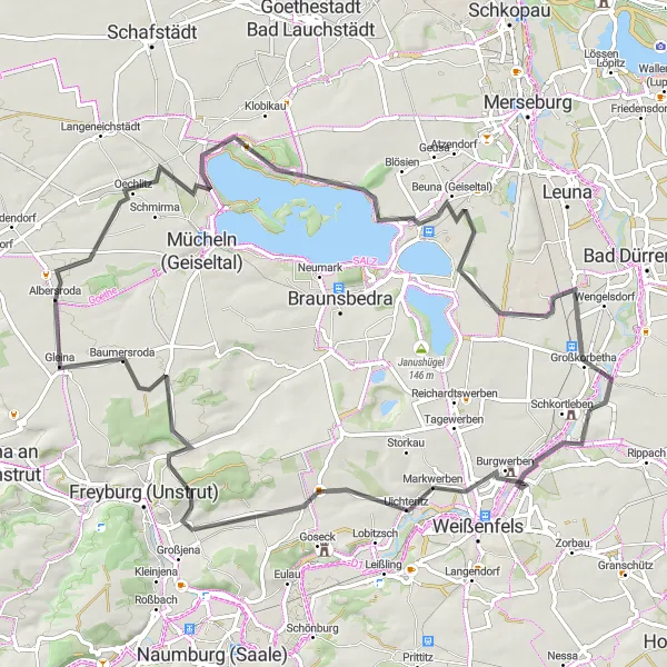 Map miniature of "Scenic Tour through Southern Saxony-Anhalt" cycling inspiration in Sachsen-Anhalt, Germany. Generated by Tarmacs.app cycling route planner