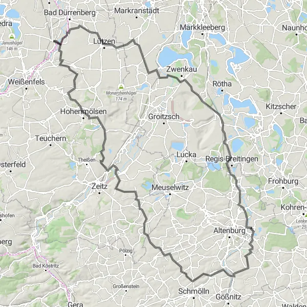 Map miniature of "Lützen - Nobitz scenic road tour" cycling inspiration in Sachsen-Anhalt, Germany. Generated by Tarmacs.app cycling route planner