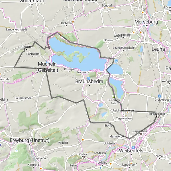 Map miniature of "Geiseltal Loop" cycling inspiration in Sachsen-Anhalt, Germany. Generated by Tarmacs.app cycling route planner