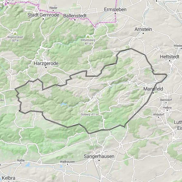 Map miniature of "The Mansfeld Adventure" cycling inspiration in Sachsen-Anhalt, Germany. Generated by Tarmacs.app cycling route planner