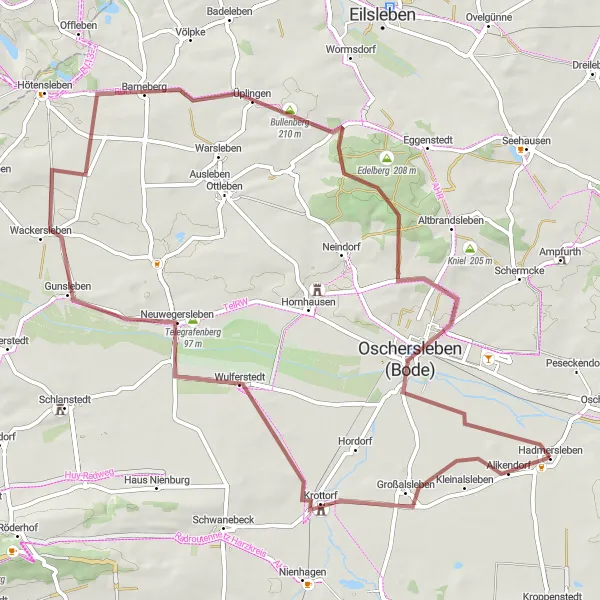 Map miniature of "Gravel route to Krottorf and Oschersleben" cycling inspiration in Sachsen-Anhalt, Germany. Generated by Tarmacs.app cycling route planner