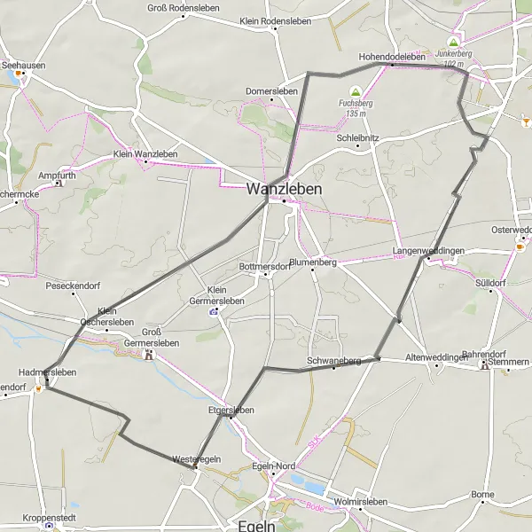 Map miniature of "Scenic road cycling to Hohendodeleben and Hansescher Hof" cycling inspiration in Sachsen-Anhalt, Germany. Generated by Tarmacs.app cycling route planner