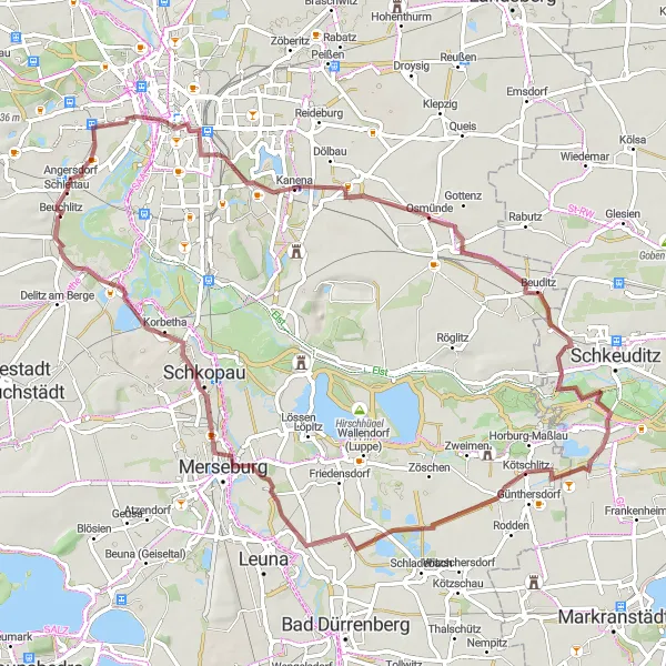 Map miniature of "Gravel Ride: Angersdorf to Holleben" cycling inspiration in Sachsen-Anhalt, Germany. Generated by Tarmacs.app cycling route planner