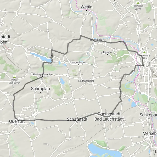 Map miniature of "Halle to Röblingen am See" cycling inspiration in Sachsen-Anhalt, Germany. Generated by Tarmacs.app cycling route planner