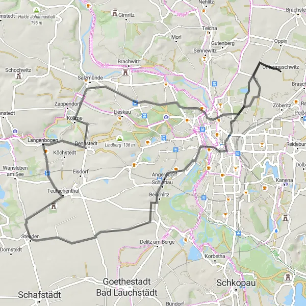 Map miniature of "Halle to Obermaschwitz" cycling inspiration in Sachsen-Anhalt, Germany. Generated by Tarmacs.app cycling route planner