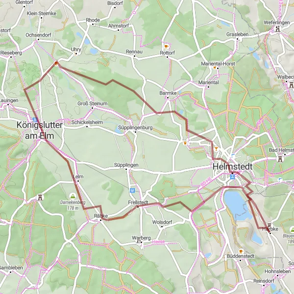 Map miniature of "Helmstedt Gravel Adventure" cycling inspiration in Sachsen-Anhalt, Germany. Generated by Tarmacs.app cycling route planner