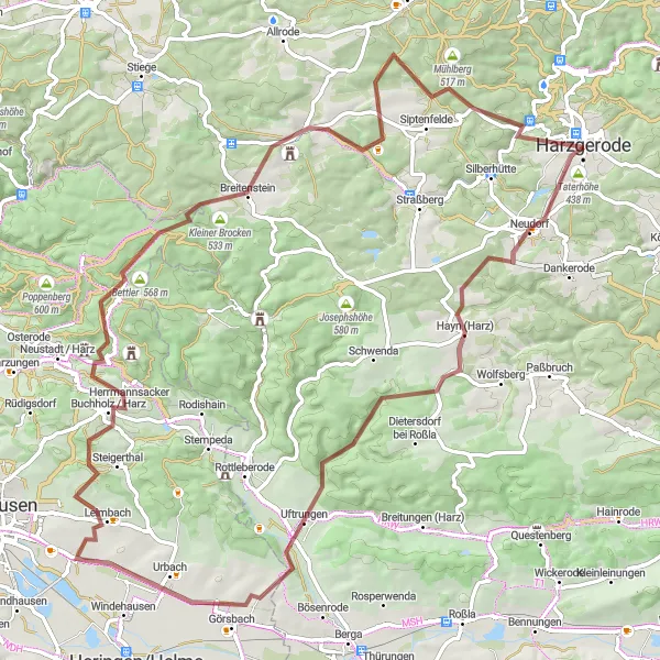 Map miniature of "Gravel Adventure to the Harzgerode Area" cycling inspiration in Sachsen-Anhalt, Germany. Generated by Tarmacs.app cycling route planner