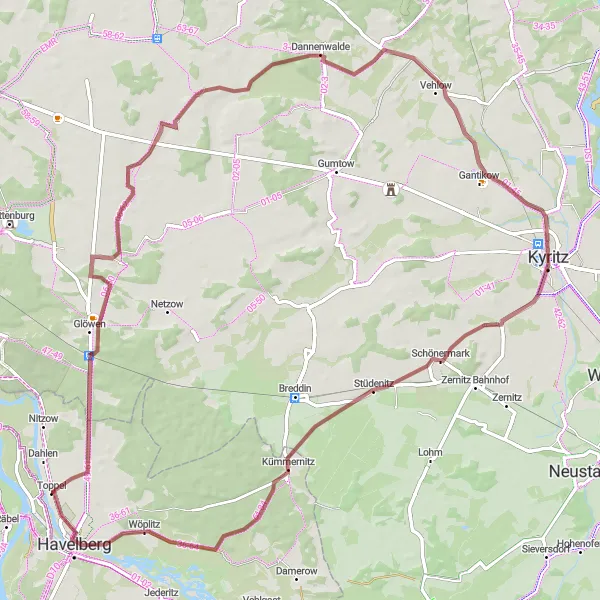 Map miniature of "Glöwen-Krams-Kyritz-Schönermark Gravel Route" cycling inspiration in Sachsen-Anhalt, Germany. Generated by Tarmacs.app cycling route planner
