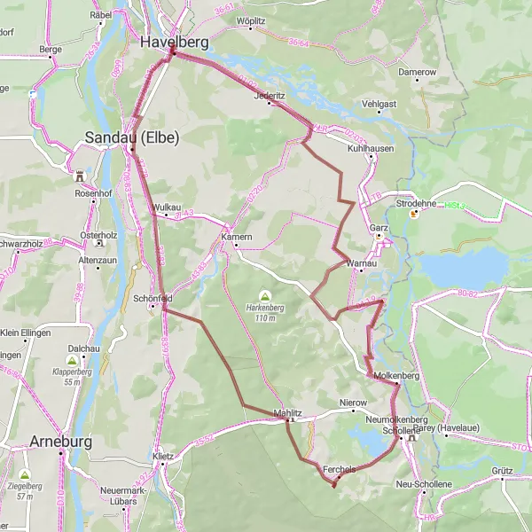 Map miniature of "Beguinenhaus-Vogelbeobachtungsturm-Warnau-Ferchels-Sandau (Elbe)-Havelberg Gravel Route" cycling inspiration in Sachsen-Anhalt, Germany. Generated by Tarmacs.app cycling route planner