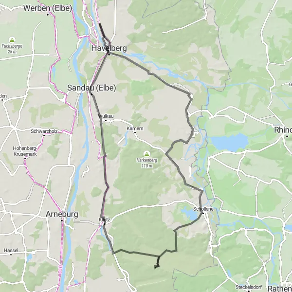 Map miniature of "Vogelbeobachtungsturm-Jederitz-Warnau-Klietz-Toppel Road Route" cycling inspiration in Sachsen-Anhalt, Germany. Generated by Tarmacs.app cycling route planner