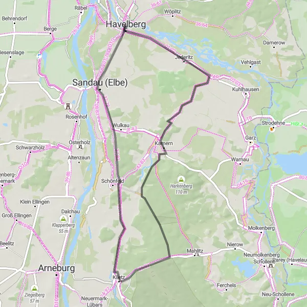 Map miniature of "Vogelbeobachtungsturm-Jederitz-Kamern-Klietz-Havelberg Road Route" cycling inspiration in Sachsen-Anhalt, Germany. Generated by Tarmacs.app cycling route planner