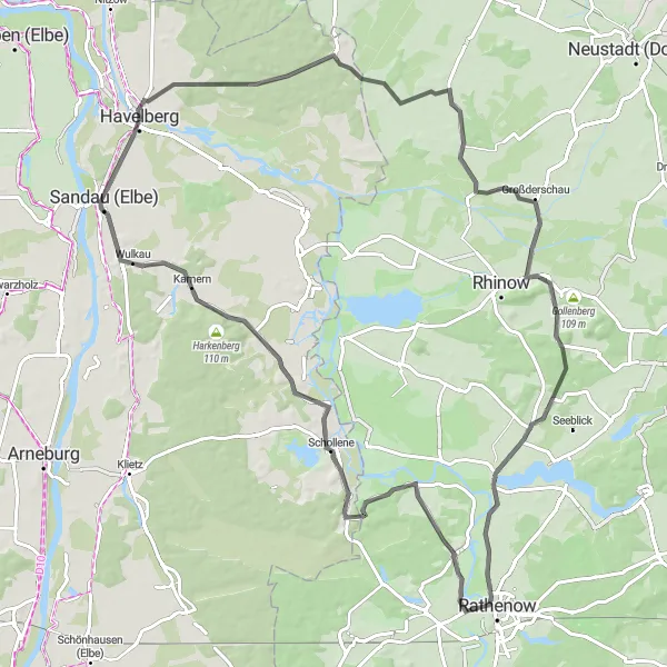 Map miniature of "Sankt Annen- und Gertraudenkapelle-Roddahn-Wuthnowsberg-Hohennauen-Mühlberg-Schollene-Harkenberg-Havelberg Road Route" cycling inspiration in Sachsen-Anhalt, Germany. Generated by Tarmacs.app cycling route planner