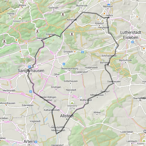 Map miniature of "Helbra and Surroundings" cycling inspiration in Sachsen-Anhalt, Germany. Generated by Tarmacs.app cycling route planner