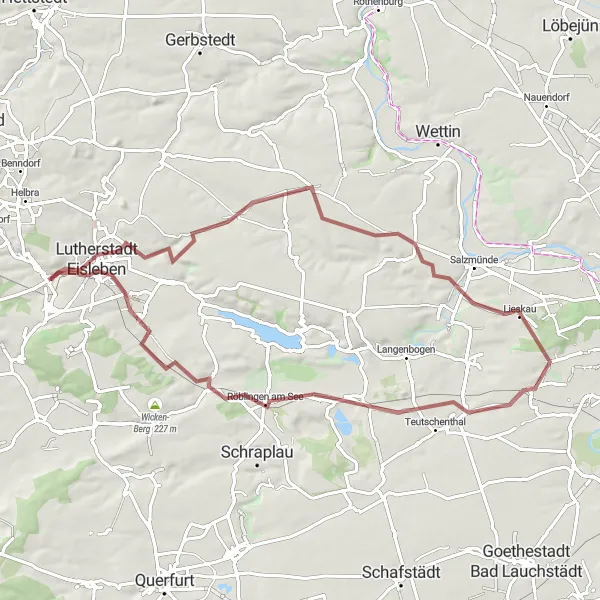 Map miniature of "Eisleben Gravel Escape" cycling inspiration in Sachsen-Anhalt, Germany. Generated by Tarmacs.app cycling route planner