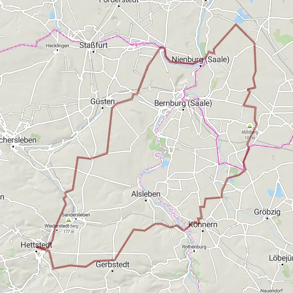 Map miniature of "Wiederstedt-Schackenthal-Ilberstedt-Zuchau-Mühlberg-Cörmigk-Könnern-Welfesholz Circuit" cycling inspiration in Sachsen-Anhalt, Germany. Generated by Tarmacs.app cycling route planner