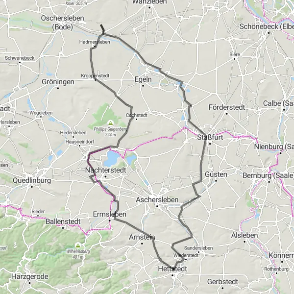 Map miniature of "Arnstein-Stadt Hoym/Anhalt-Gallberg-Kroppenstedt-Etgersleben-Rodelberg-Staßfurt-Groß Schierstedt-Arnstedt Circuit" cycling inspiration in Sachsen-Anhalt, Germany. Generated by Tarmacs.app cycling route planner