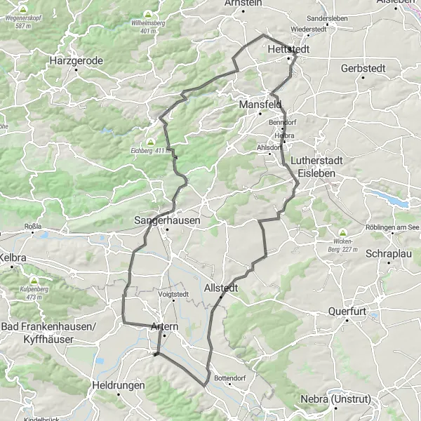 Map miniature of "Hettstedt Quad Ride" cycling inspiration in Sachsen-Anhalt, Germany. Generated by Tarmacs.app cycling route planner