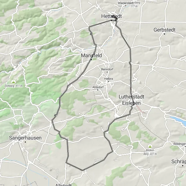 Map miniature of "Hettstedt Countryside Tour" cycling inspiration in Sachsen-Anhalt, Germany. Generated by Tarmacs.app cycling route planner