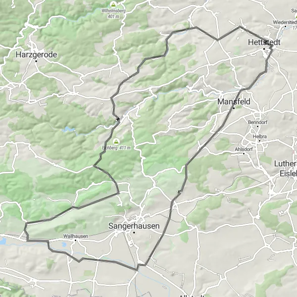 Map miniature of "Hettstedt Historic Route" cycling inspiration in Sachsen-Anhalt, Germany. Generated by Tarmacs.app cycling route planner