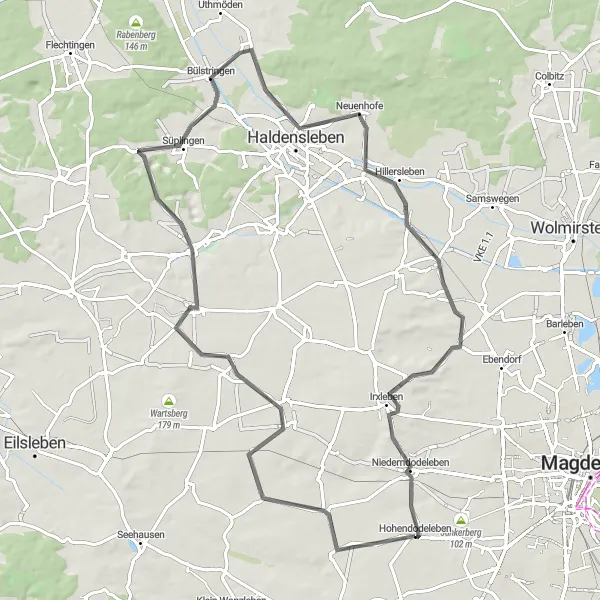 Map miniature of "Hohendodeleben to Eichenbarleben Loop" cycling inspiration in Sachsen-Anhalt, Germany. Generated by Tarmacs.app cycling route planner