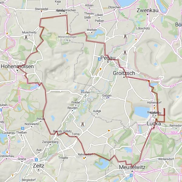 Map miniature of "The Gravel Explorer: Pegau and Jaucha" cycling inspiration in Sachsen-Anhalt, Germany. Generated by Tarmacs.app cycling route planner