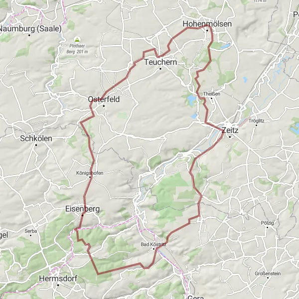 Map miniature of "The Ultimate Gravel Challenge: Schloss Moritzburg and Eisenberg" cycling inspiration in Sachsen-Anhalt, Germany. Generated by Tarmacs.app cycling route planner