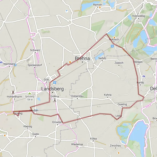 Map miniature of "Hohenthurm to Landsberg and Back" cycling inspiration in Sachsen-Anhalt, Germany. Generated by Tarmacs.app cycling route planner